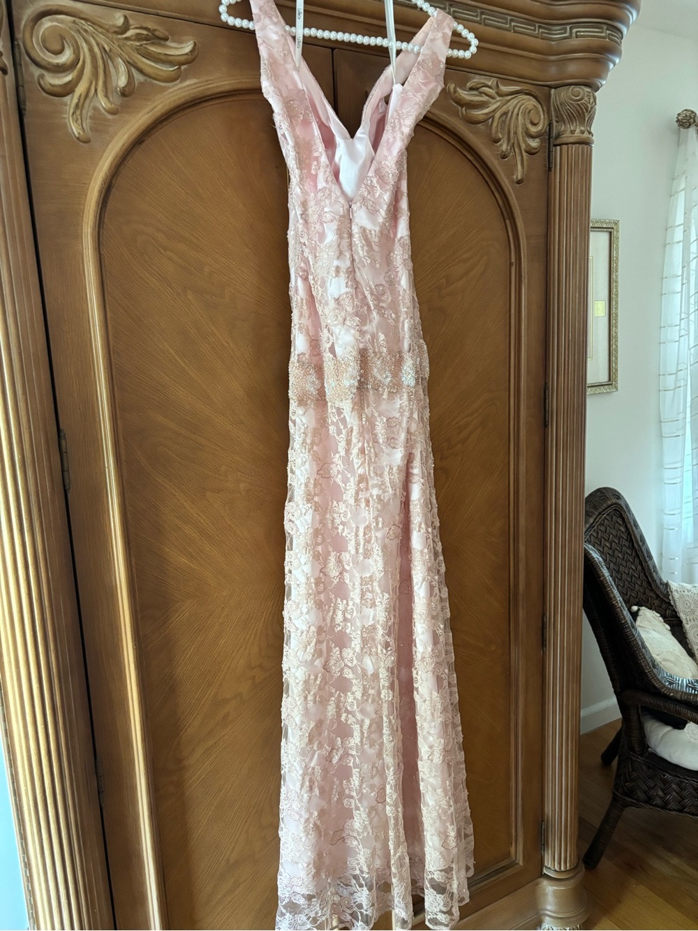 Elegant Blush Pink Lace Maxi Dress with V-Neck